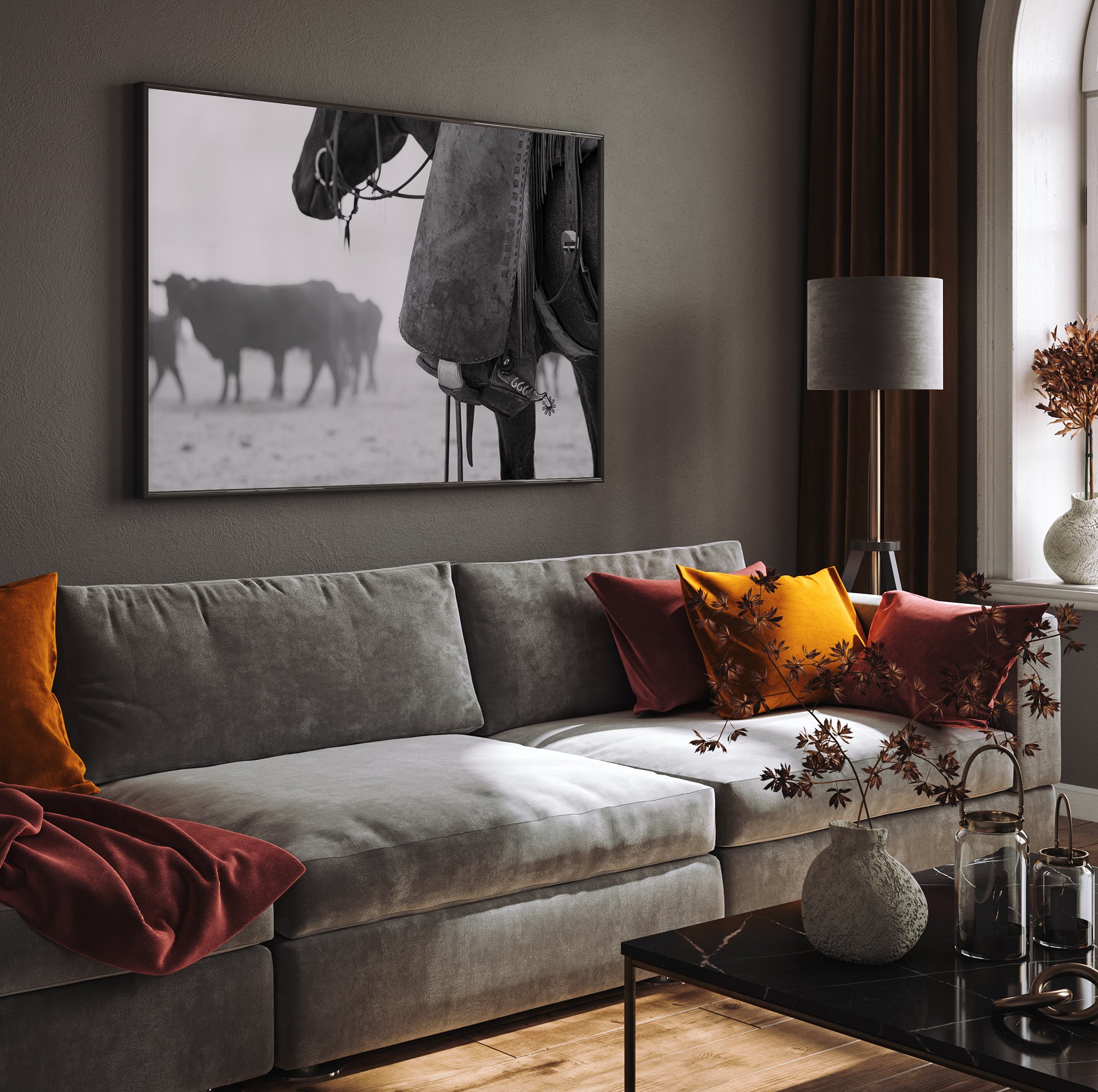 Black and white cowboy photograph installed in a private interior setting.
