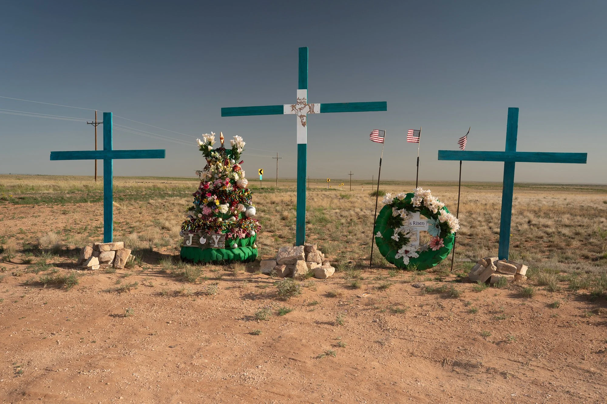 Roadside crosses and memorials in rural West Texas on the Llano Estacado