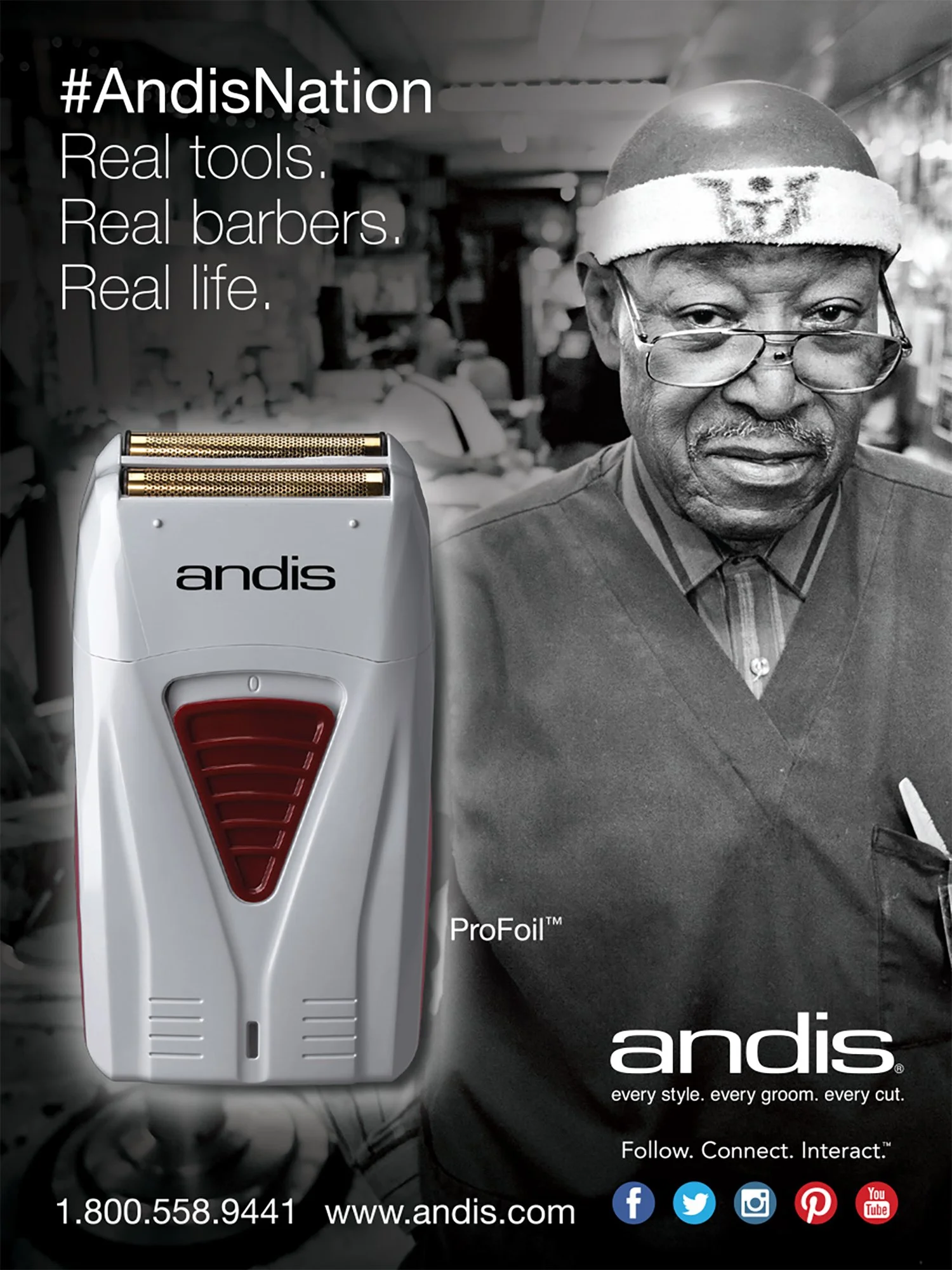 Andis ProFoil advertisement with a black and white Barbershops of America barber portrait