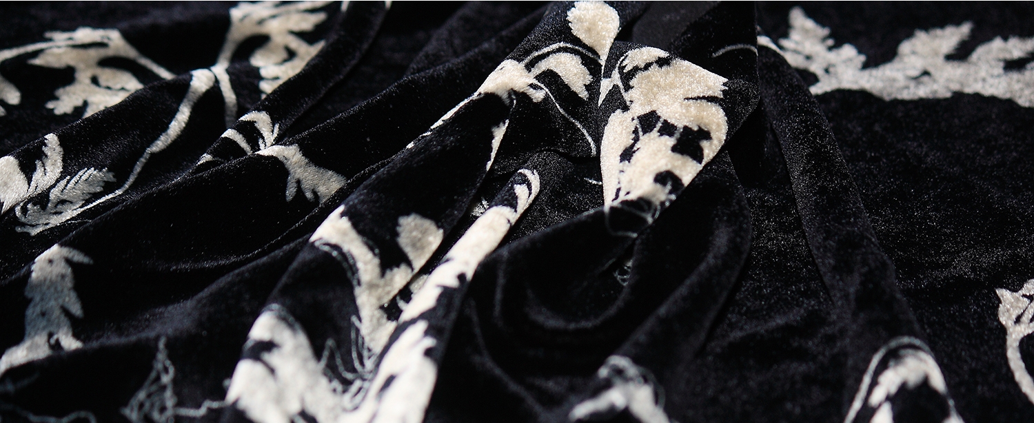 Black and white flora print on silk velvet