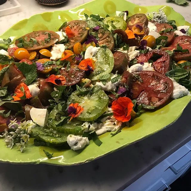 Tomato salad with mozzarella. Green Zebras, Pink San Francisco Paisley, Black Krim, Purple Cherokee. I love Summer tomatoes. #davistudio