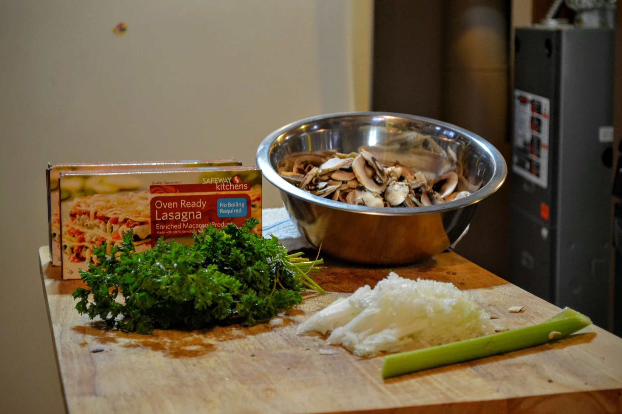 I started with onion, mushroom, parsley, and celery, then just chopped up the celery and parsley together in my food processor. You can do it by hand too. 