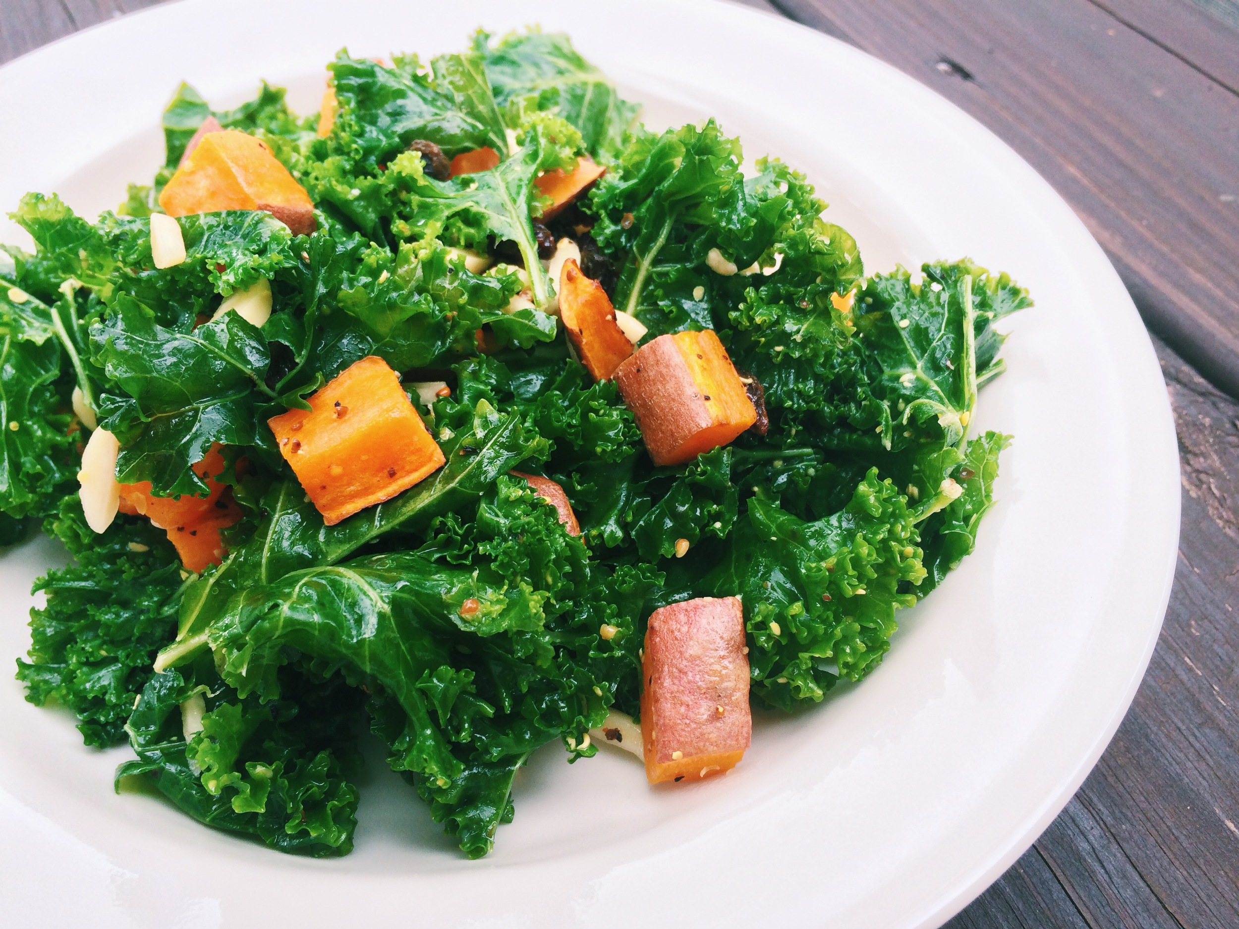 Kale Roasted Sweet Potato Salad With Raisins Almonds Maria Makes Wholesome Simple Recipes For Every Day
