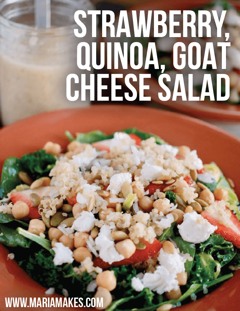 Strawberry, Quinoa, and Goat Cheese Salad Make sure the quinoa has cooled before you add it to the bowls, add the goat cheese THEN chickpeas and pepitas so it doesn’t stick to your lid, and you might consider adding the strawberries right before eating!