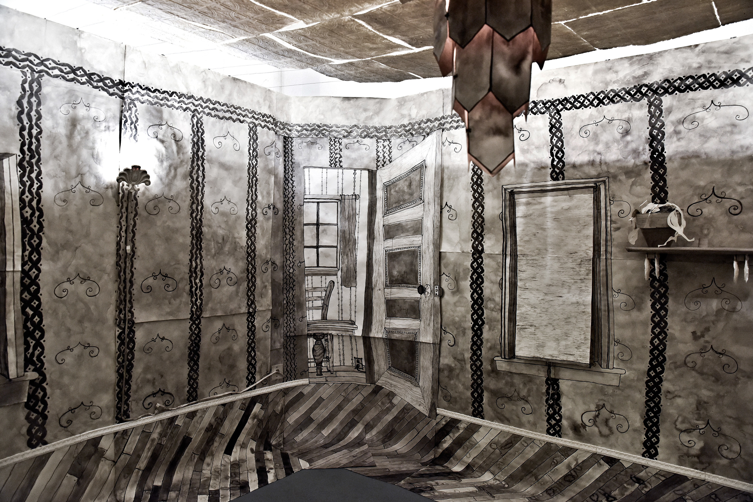 Retrofit , installation view, 2015. Paper, ink, wire, nails, LED bulbs & fixtures, fan. Dimensions variable.