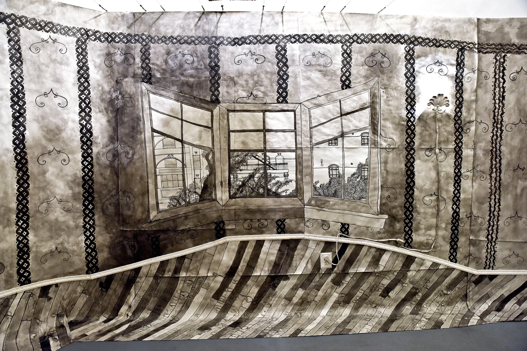 Retrofit , installation view. Paper, ink, wire, nails, light bulbs & fixtures, gel medium. 2015.