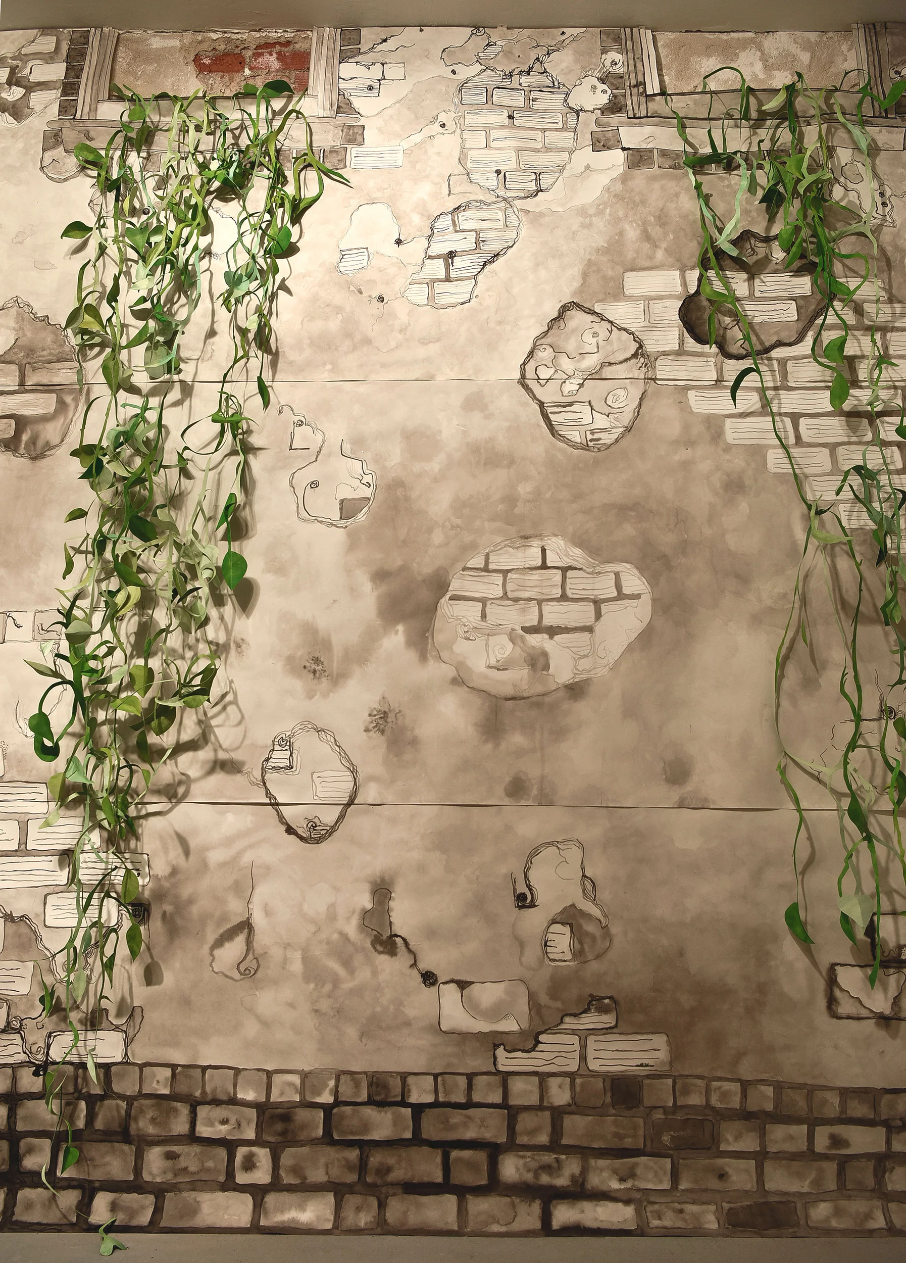 Found Underground , 2017 paper, ink, gouache & nails 10' x 13' x 5"