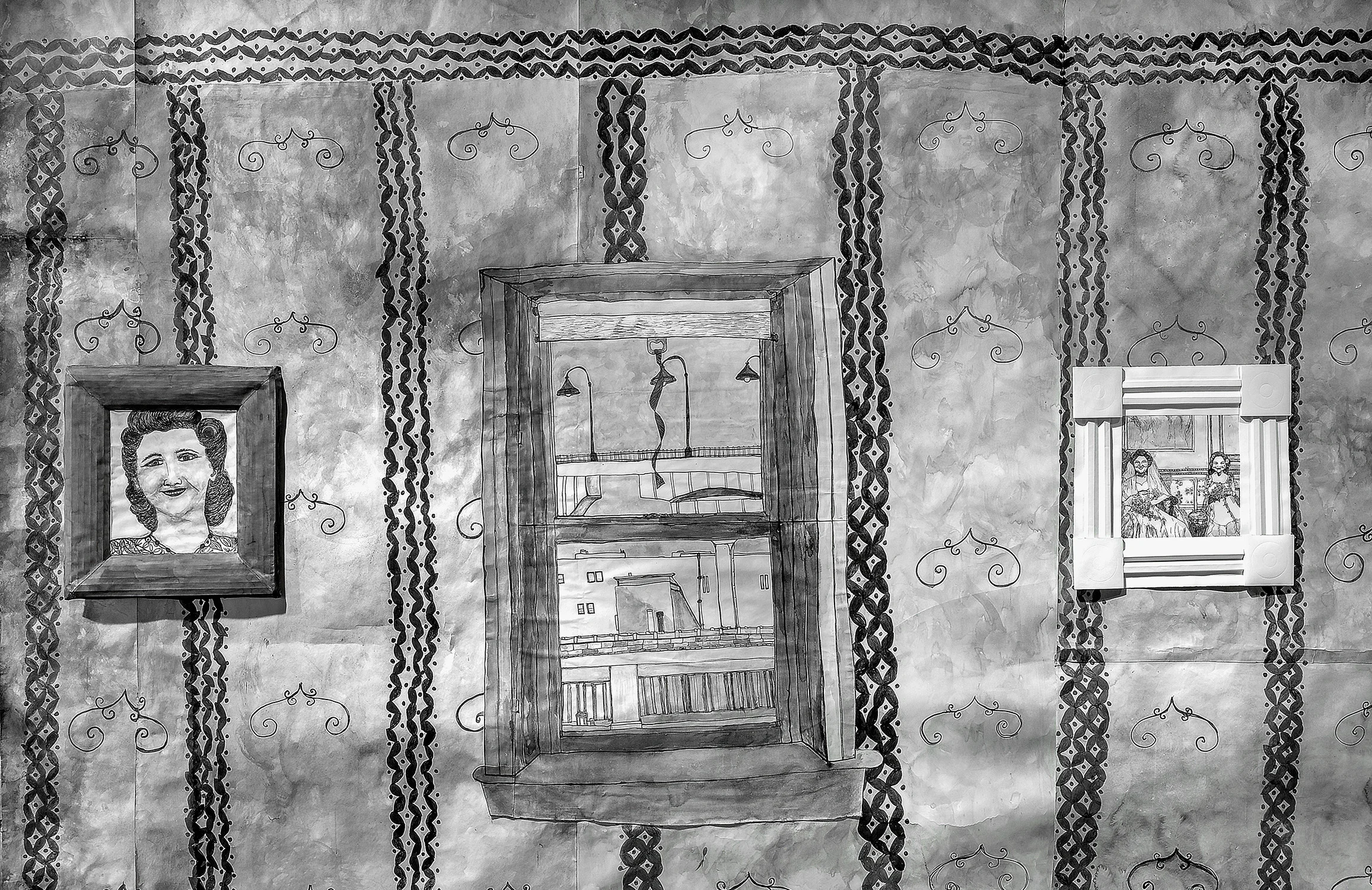 Retrofit , detail, 2017 Paper, ink, wire, nails, gel medium, LED bulbs & fixtures Dimensions variable