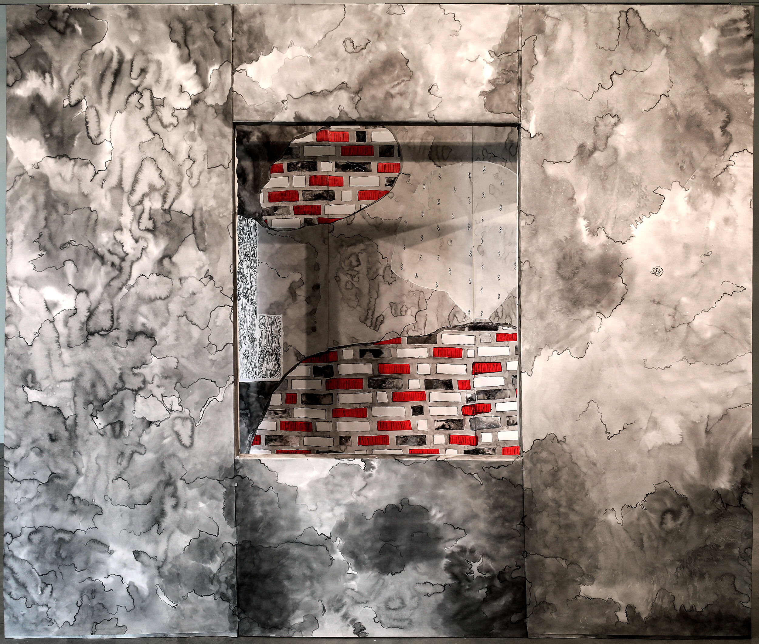 Brick Fiction , 2018. Paper, ink, gouache, wood, nails, hardware, wire, rubber bands, LED bulbs & fixtures. Dimensions variable.
