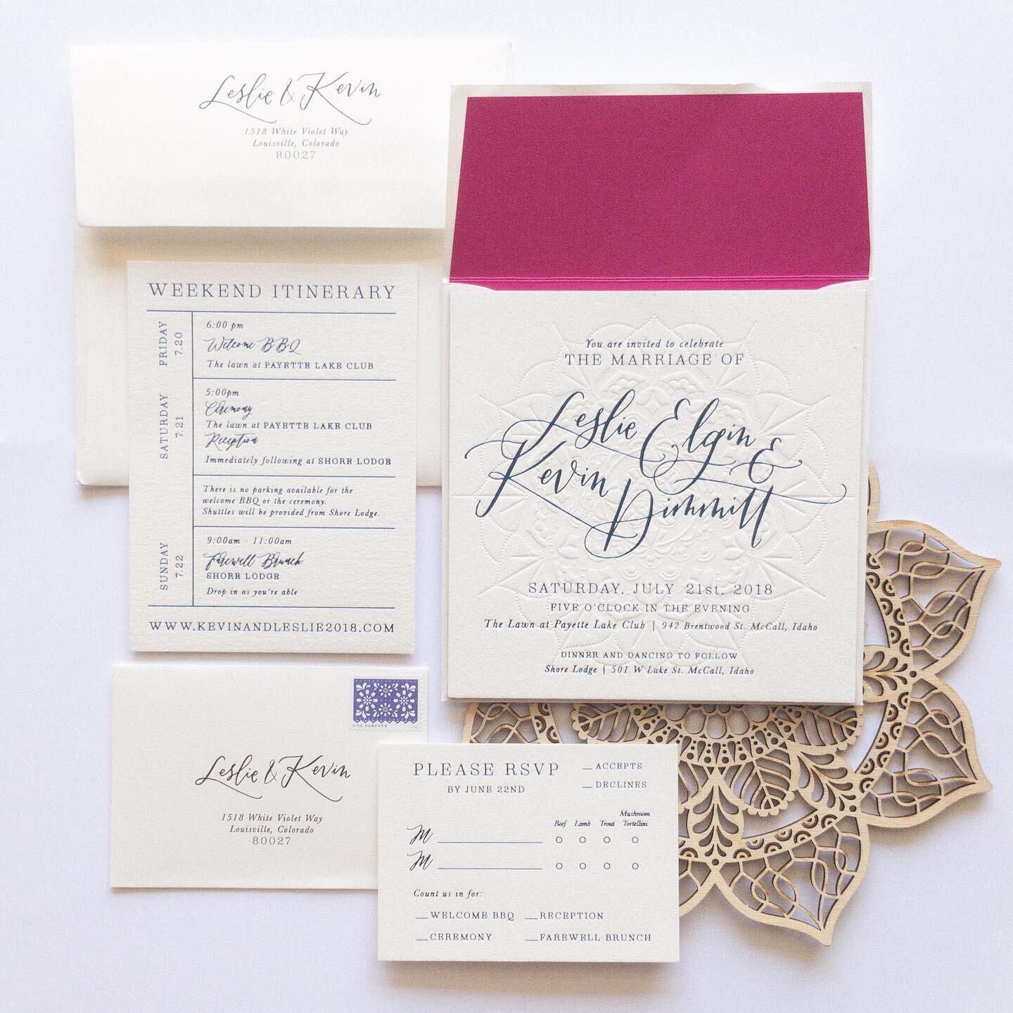 Loving this letterpress suite! Hot pink envelope liner and invite edging details, foil blue lettering, calligraphy, and embossed mandala make this invite one for the record books! Soooo beautiful! #weddinginvitationsuite #mandala #letterpressinvitati