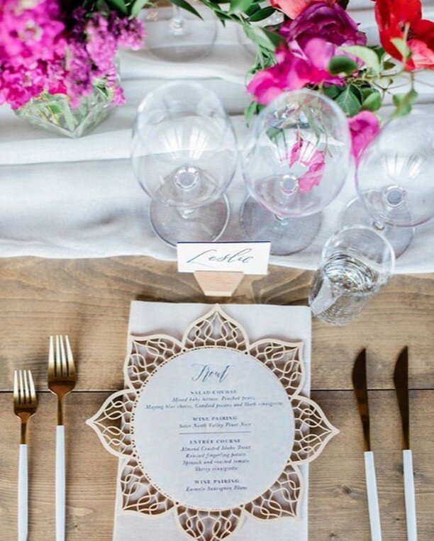 Its all about the details for your special day! These custom laser cut wood chargers not only tied in the invitation suite but became a unique gift for guests.  And the hand painted edge on the place cards helps create the perfect combo of neutral me