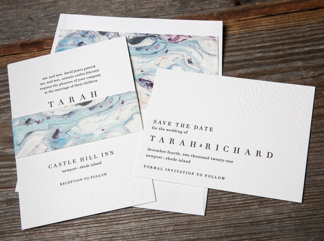 Look at this amazing letter-pressed and blind deboss save the date and invitation for Tarah and Richard!  I love the marbled envelope and belly band with the deboss texture matching on both pieces!⠀⠀⠀⠀⠀⠀⠀⠀⠀
⠀⠀⠀⠀⠀⠀⠀⠀⠀
⠀⠀⠀⠀⠀⠀⠀⠀⠀
 #letterpressedinvitati