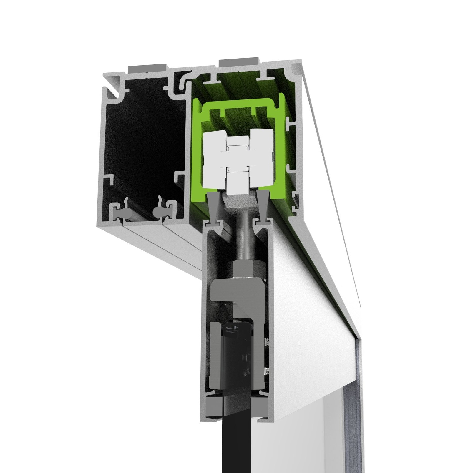 Detail of top rail of barn door frame showing system approach and vertical adjustability.