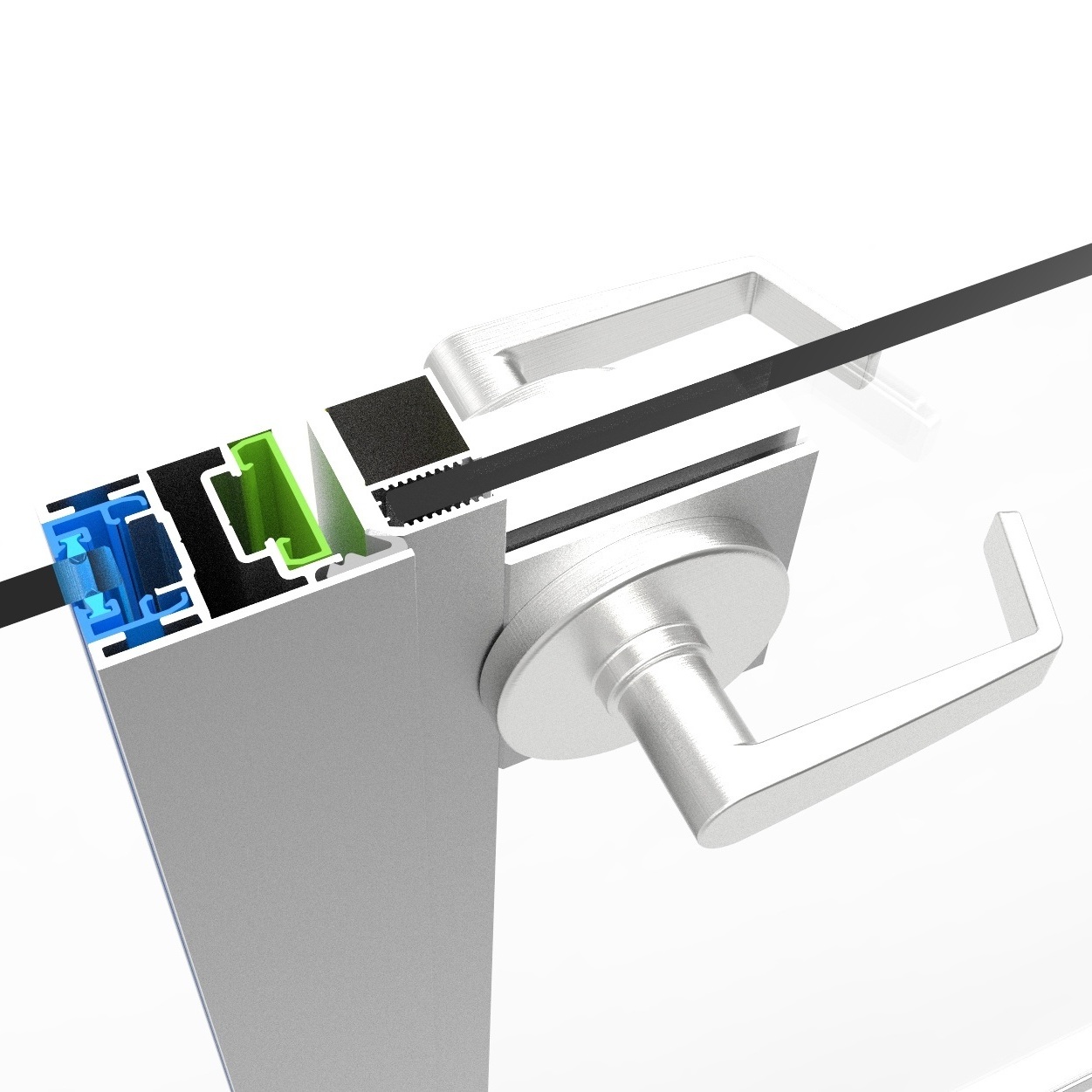 Detail of universal pivot door frame, showing removeable trim components.
