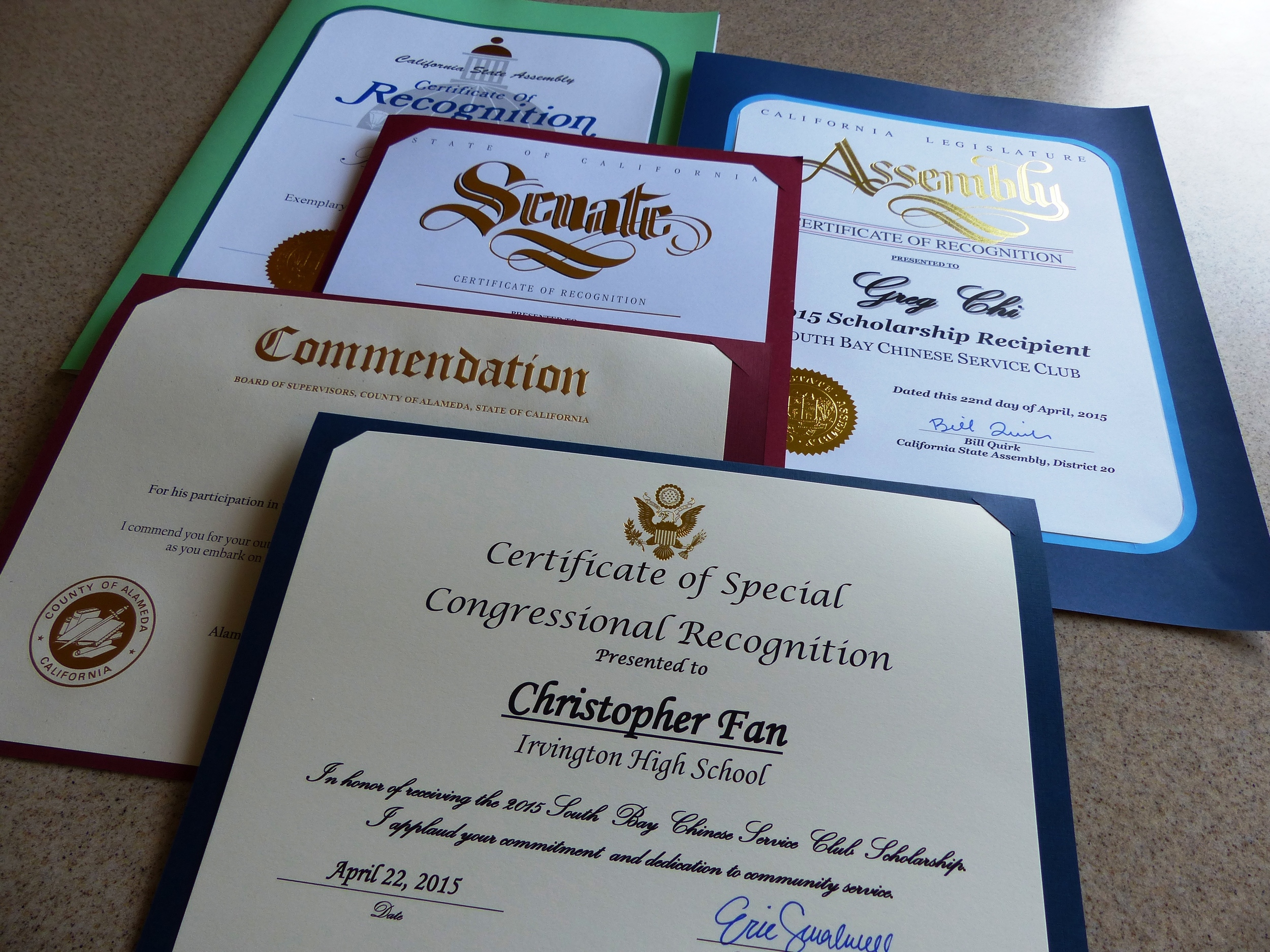 Scholarship award recipients also receive recognition from members of U.S. Congress, State Senate and Assembly, and County Supervisor.