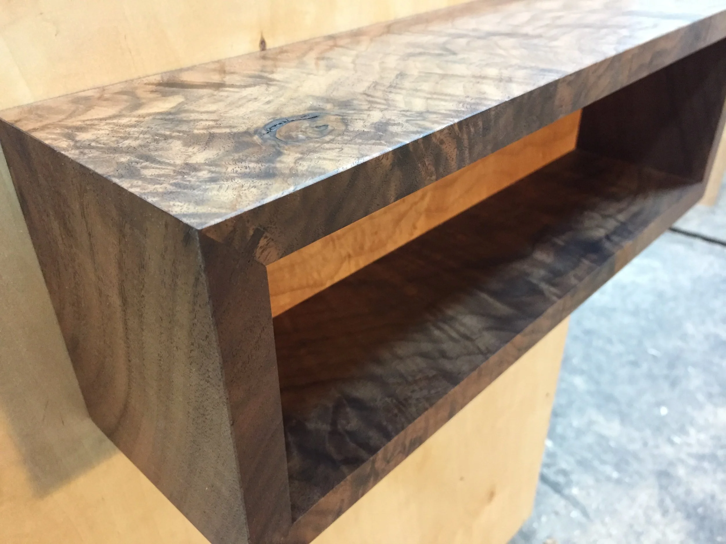 Figured walnut display shelf, western maple back. September '17