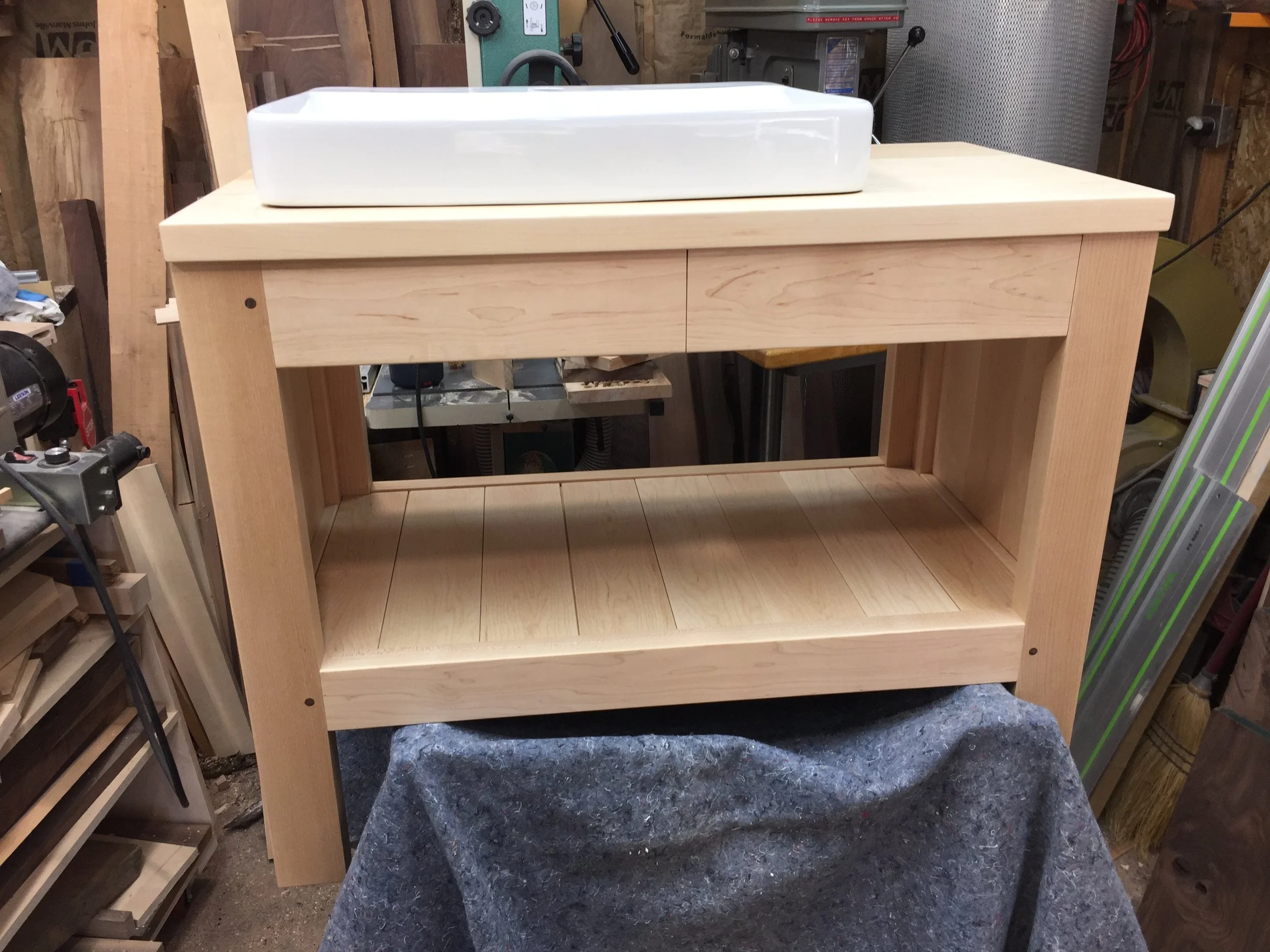 Maple vanity #2 with top and sink dry-fit in place, Dec/Jan '17-18