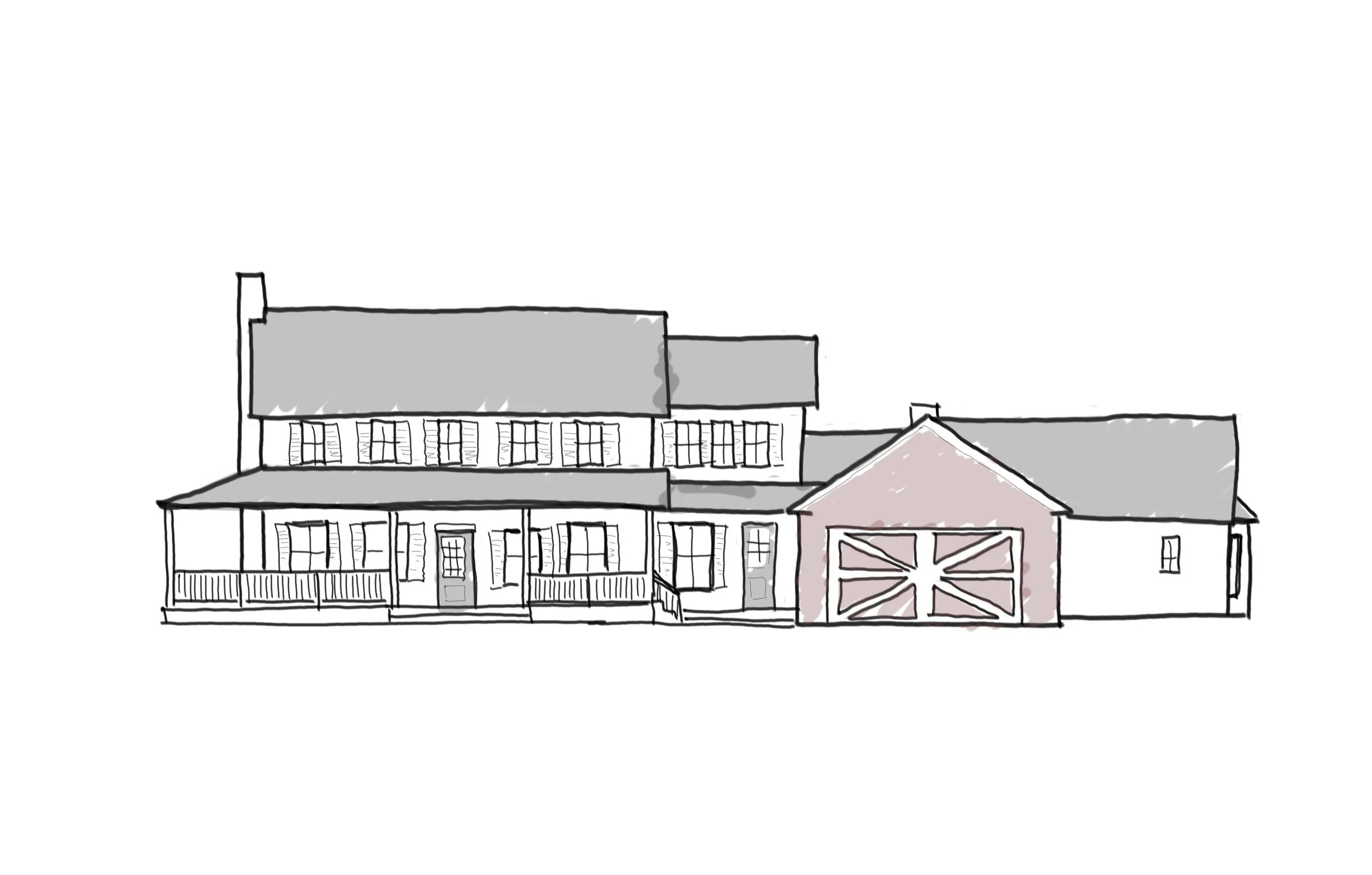The windows are enlarged downstairs, but the centers align. The current home has four windows above with two squat ones below on either side of the door.