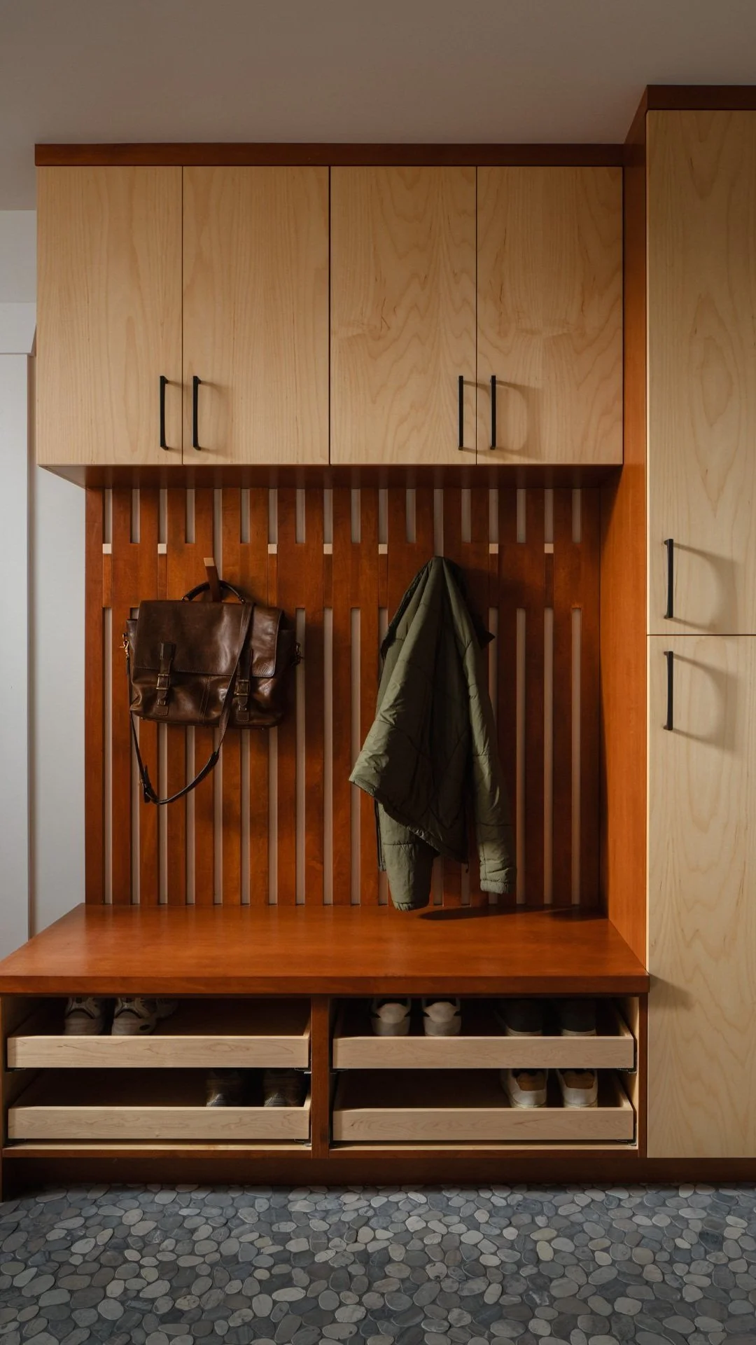 A wooden entryway bench with hooks for hanging coats and bags, and storage drawers underneath. A brown leather bag and an olive green jacket hang on the hooks.