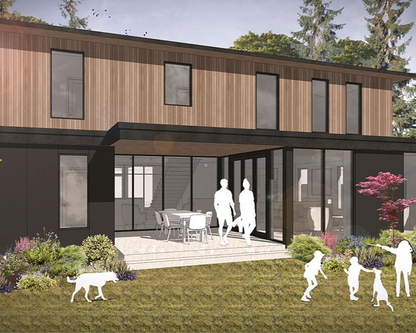 Modern two-story house with wooden and black exterior, large glass doors, and a patio with outdoor furniture. People and a dog are visible.