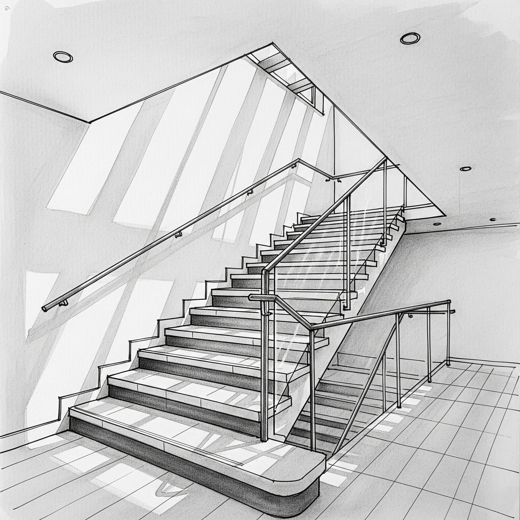 Black and white sketch of a staircase with glass railings located indoors, with sunlight streaming through skylights overhead.