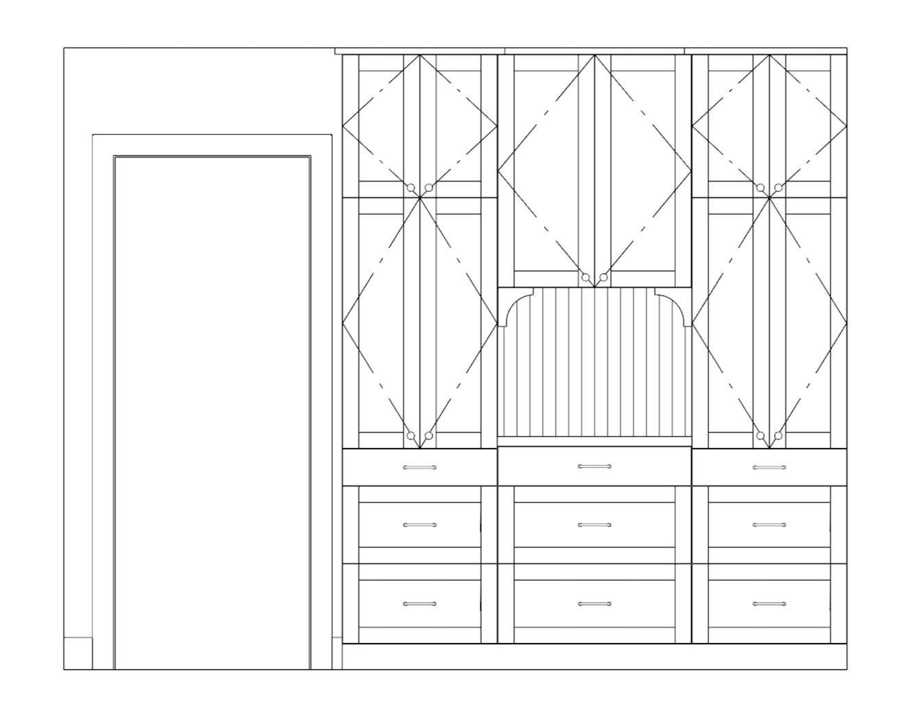 Line drawing of a built-in cabinet with multiple upper and lower storage compartments, a central arch design, and a tall adjacent doorway.
