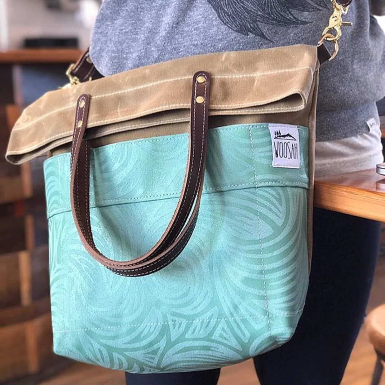 The new Wave fold-over messenger tote from Woosah Outfitters, built by Jake at Gemini Handmade.
