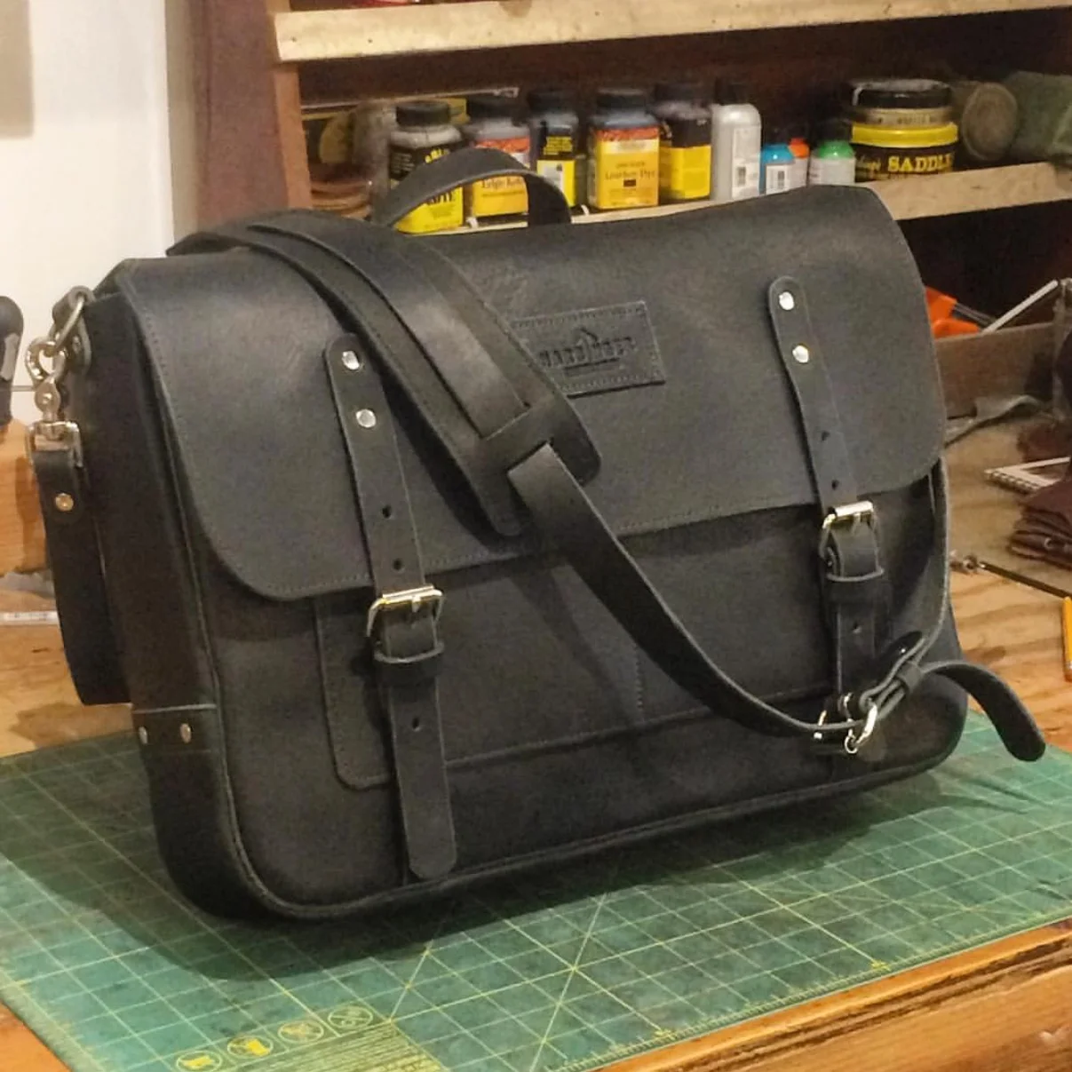 A custom Harbinger Leather Design messenger bag for an individual client.