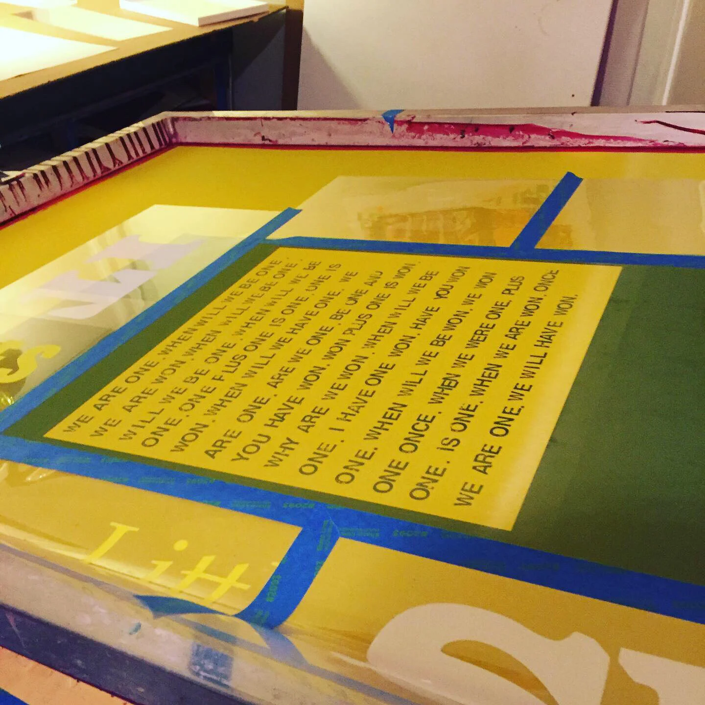 After Christmas I got lucky at the studio; friends were moving out and throwing away some broken screens. I bought a large one on the spot. I’ve been needing a screen that can tackle my normal full print size (70X50) and this is it. That will be a b…