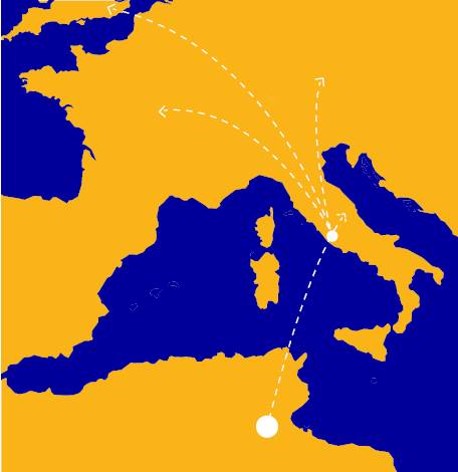 The route of the electricity from the Tunisian desert to a landing north of Rome and hence into the European electricity grid
