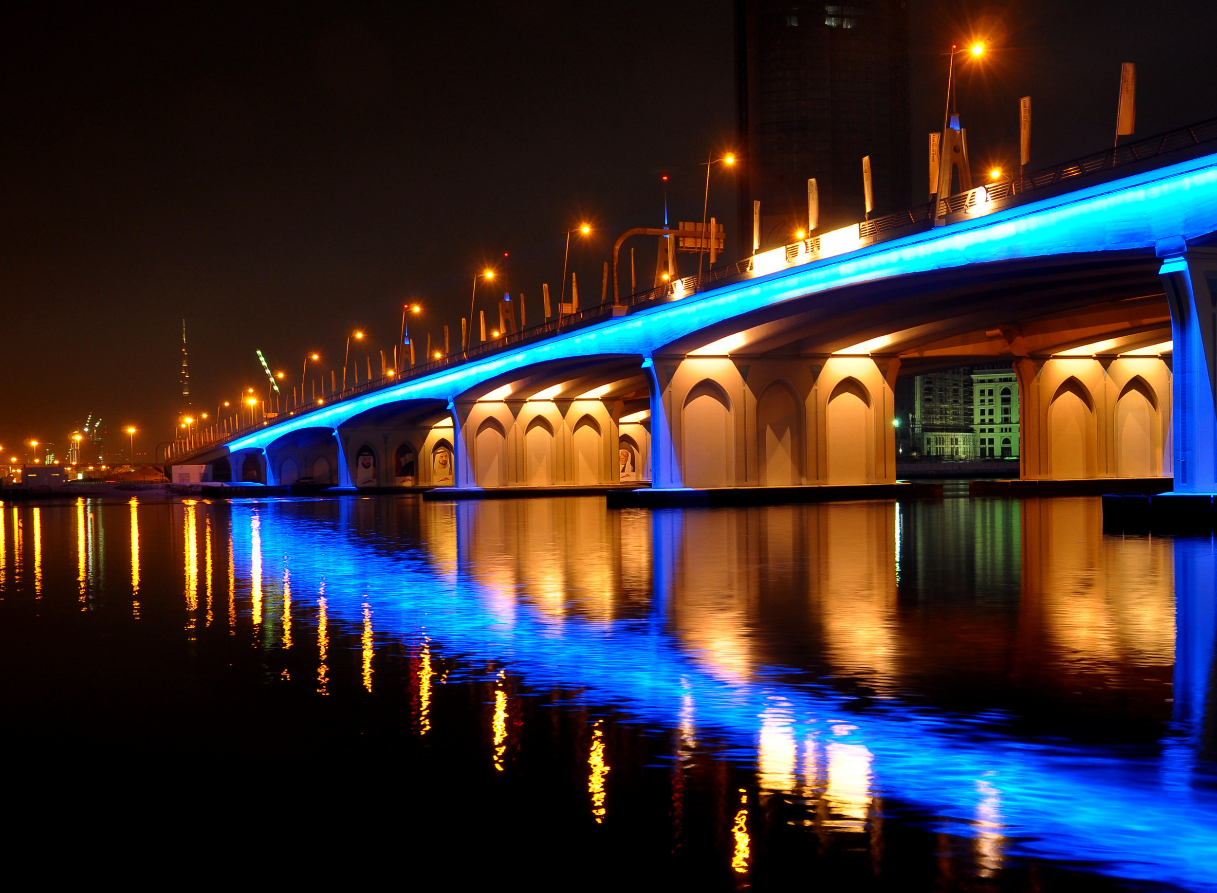 Business Bay Bridge, Dubai, at night.