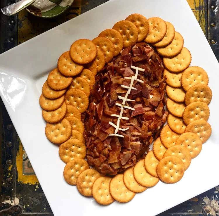Misshapen but bacon covered Super Bowl Cheese Ball