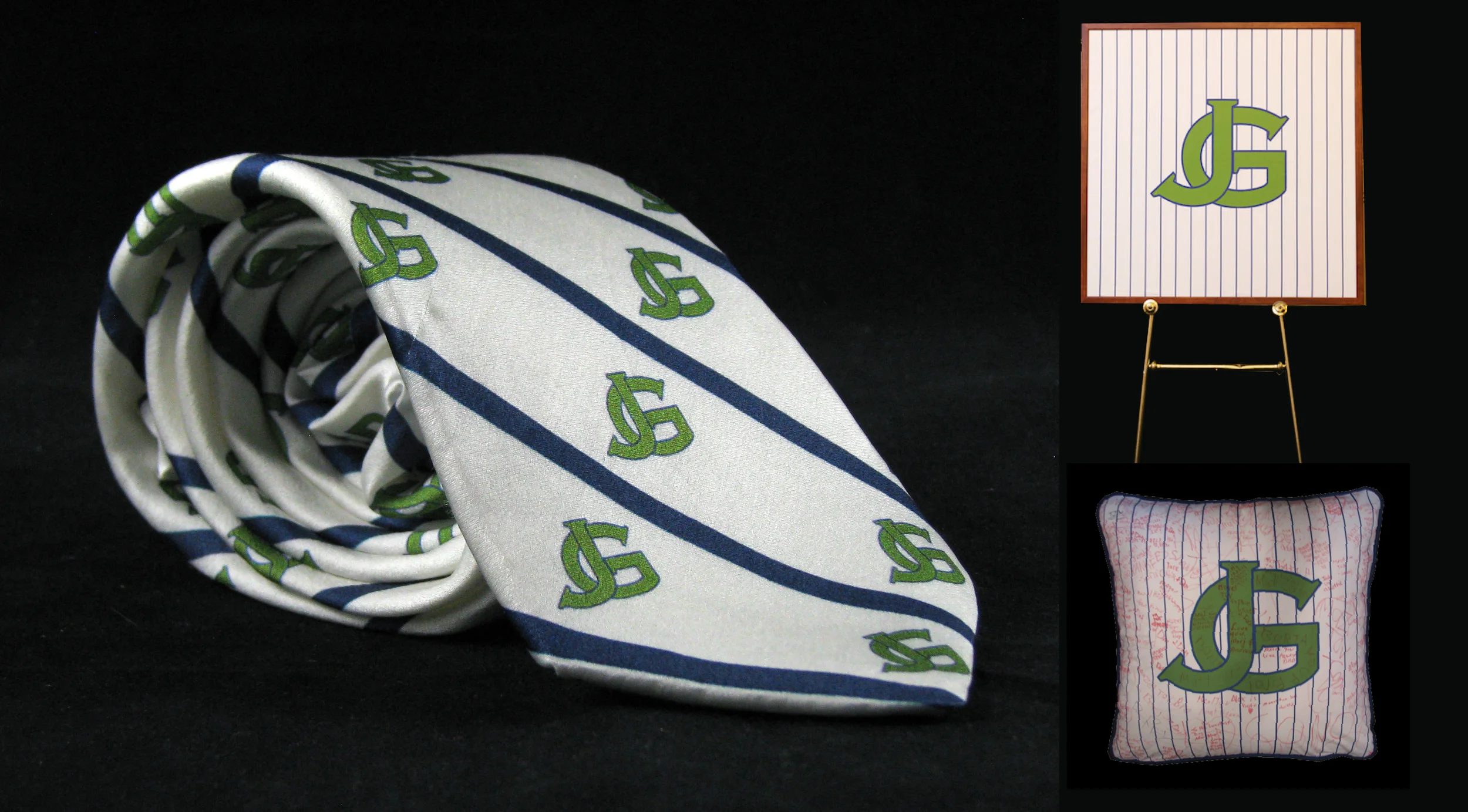 Josh's logo, on his signin pillow and a tie. Silk Necktie