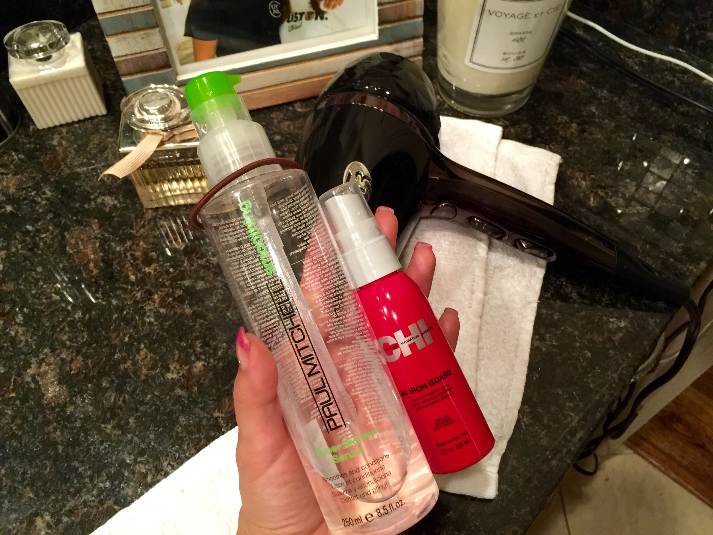 The serum I use right before bed since my hair is wet. The chi 44 iron guard works well on dry hair so I'll spray it on the ends in the morning for extra protection.