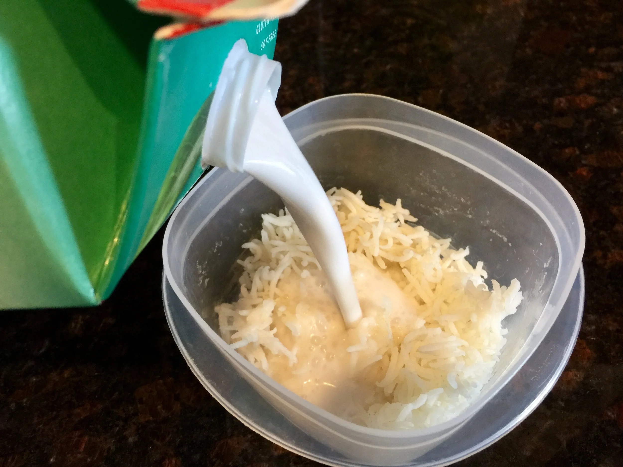 I mixed rice, coconut milk (you could use soy, almond or even cashew milk too) then added a little bit of cinnamon. 