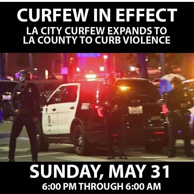 🚨: @countyofla - a curfew, within the unincorporated &amp; incorporated areas of Los Angeles County, is in effect
from 6PM- 6AM. @foxla is on now with complete coverage. #FoxLA #LA #CountyOfLA