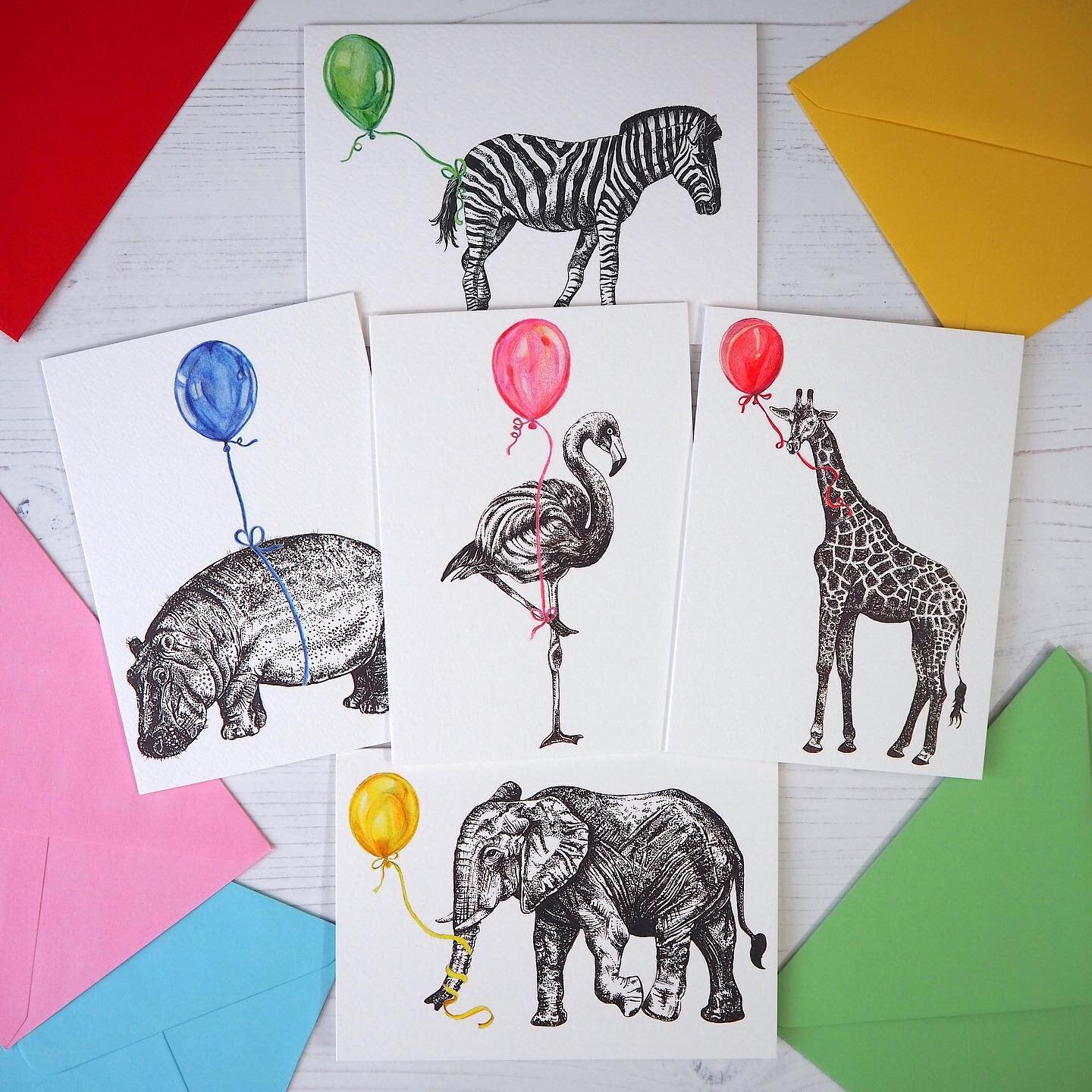 I love having matching brightly coloured envelopes for my Balloon Animals cards, they look fun even before you open the card! Plus they are made from recycled paper which makes them extra 👌🏽 I&rsquo;m photographing all my cards at the moment then t