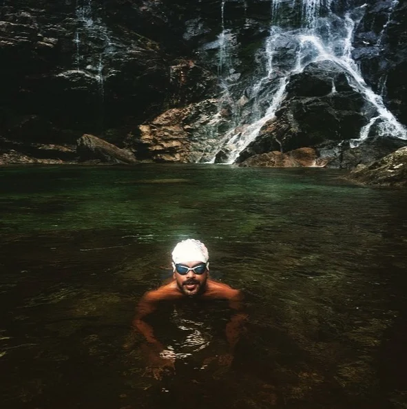 Photographer Selvaprakash Lakshmanan bathing in Sonogno Valle Verzasca (photo Diana Markosian, Armenia/USA - from artist instagram account)