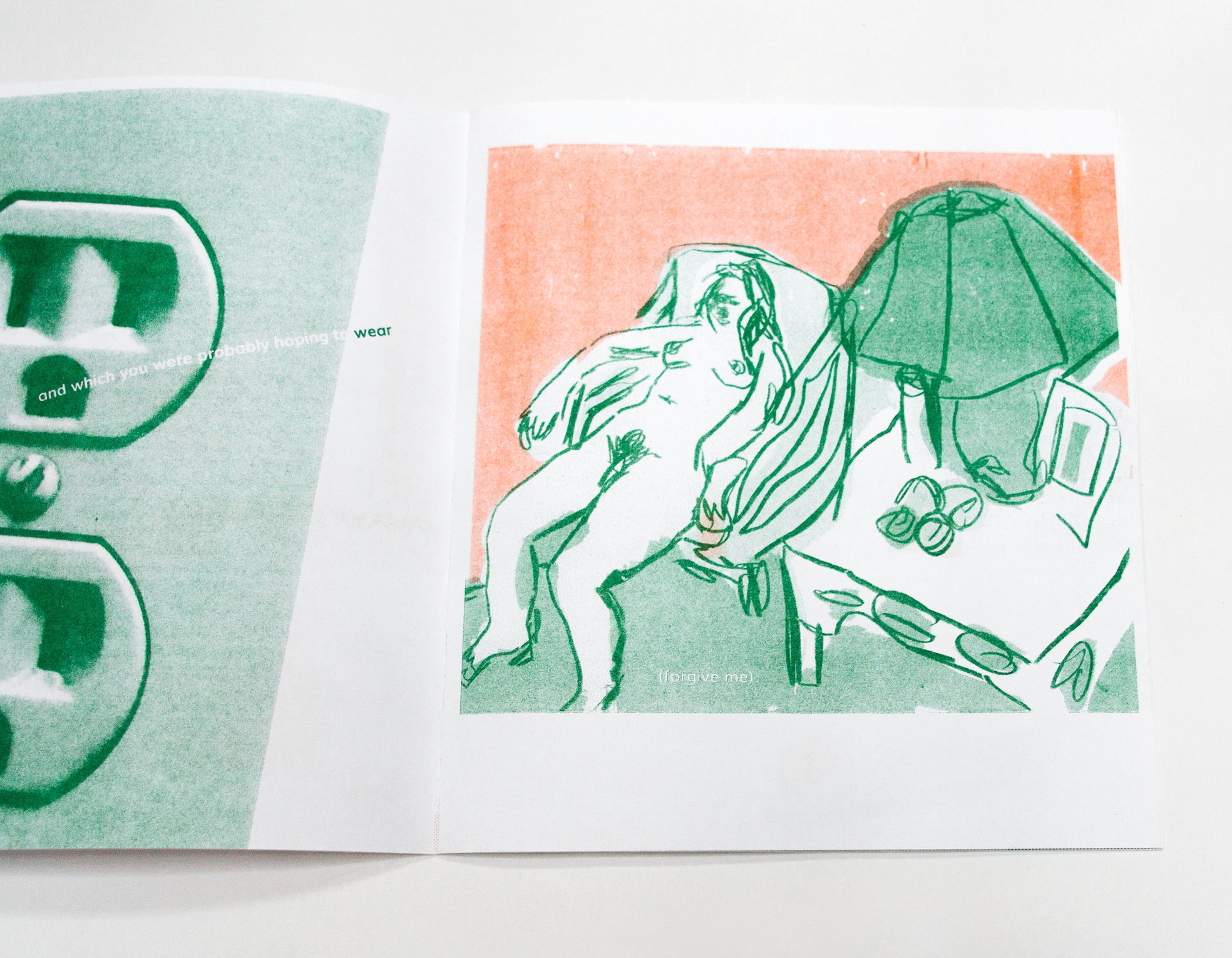Om, I'm Home show zine publication. Risograph printed by Colpa Press. Margot Rada (left page), Jonathan Levy-Warren (right page), poem by Katrina Goldsaito. photo by Derek Macario.