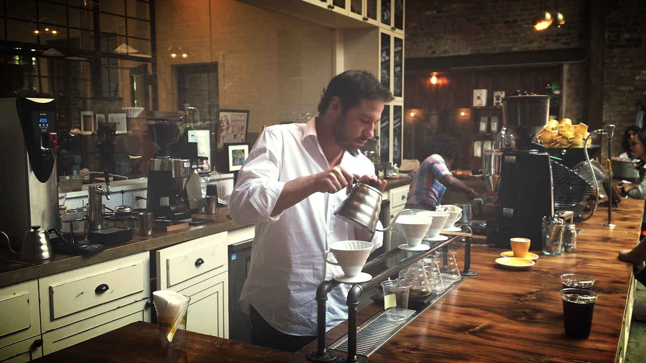 Sutton preparing some Colombian Geisha coffee