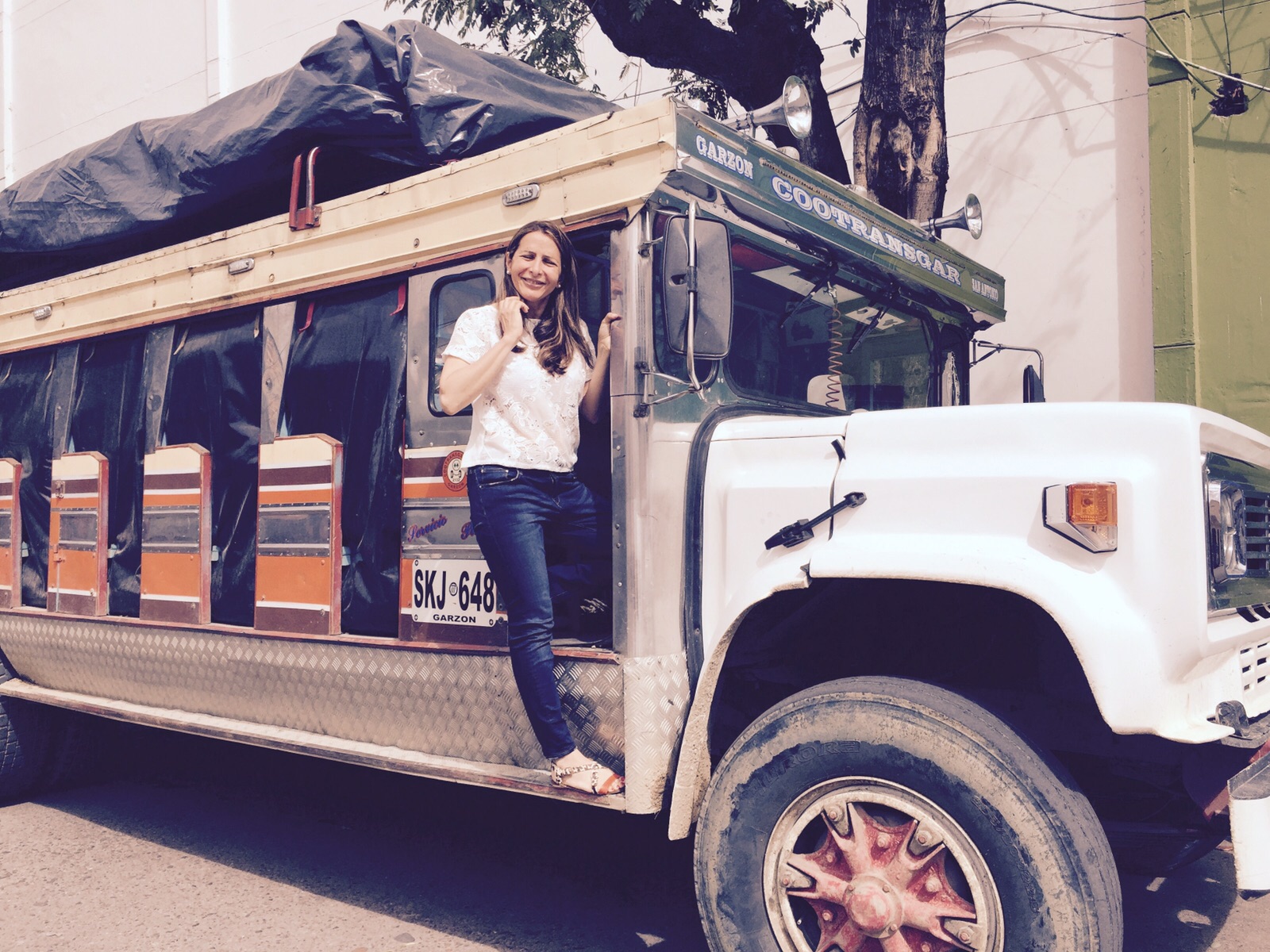 Milly Barr on a typical Colombian truck