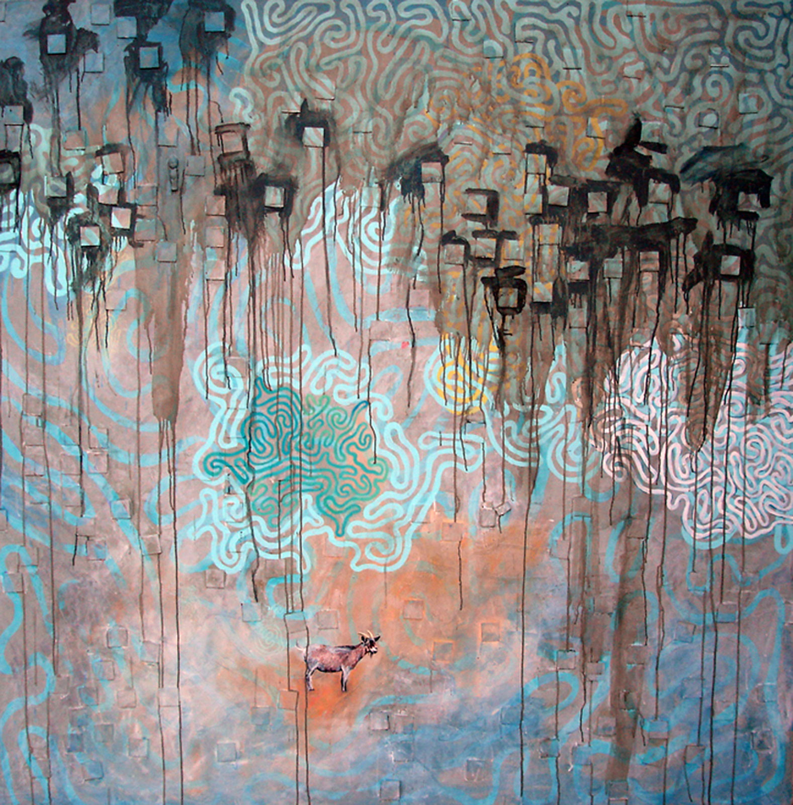  Hot Goat in the Cool Rain  Mixed media on canvas  72" x 72" 