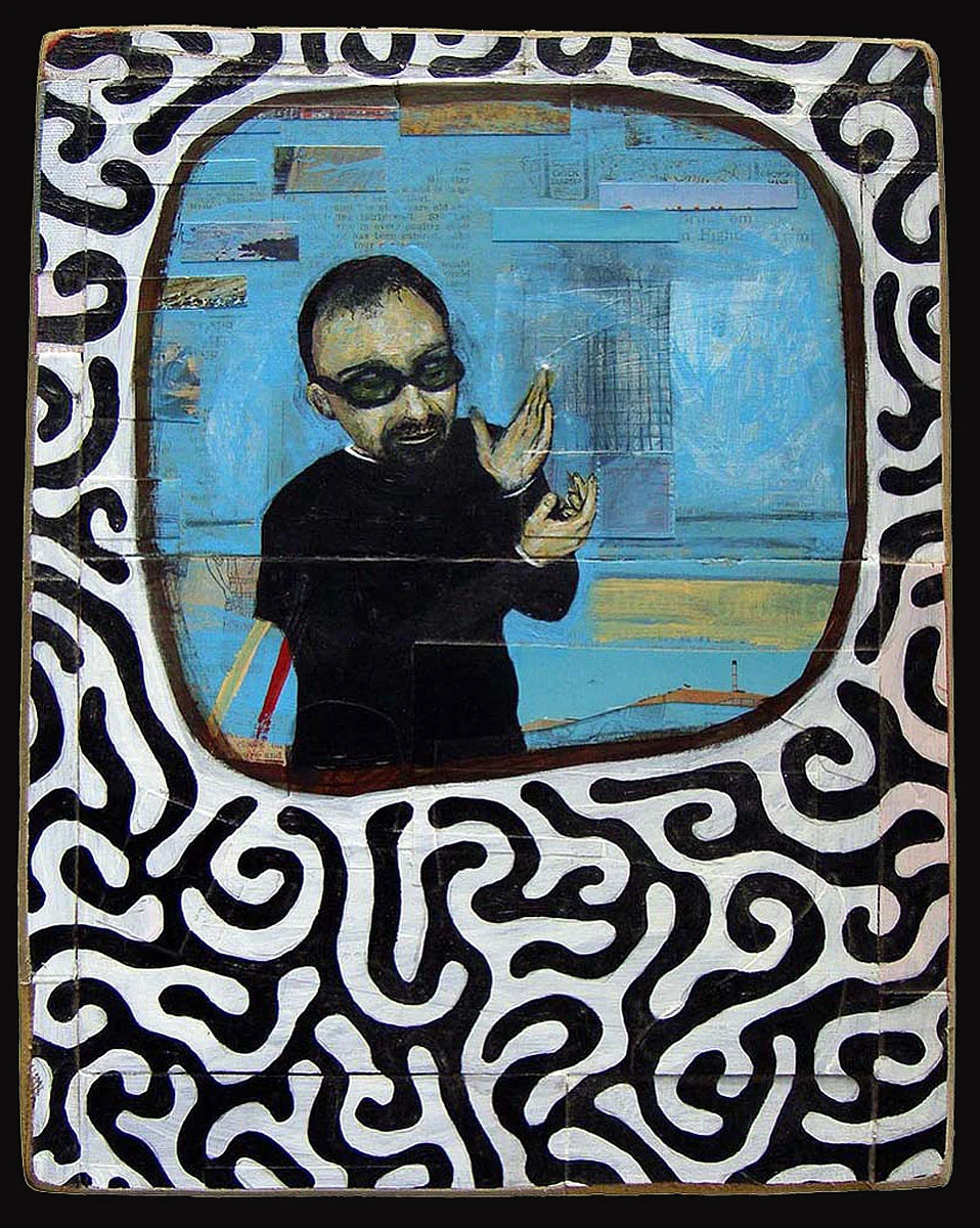 The Poet Reciting His Latest Work Oil and postcards on wood 11" x 14" NFS
