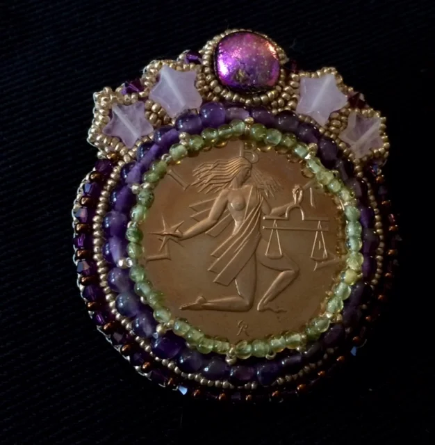 Vintage Coin Libra with Beaded Embroidery Necklace by Suzanne O'Clair