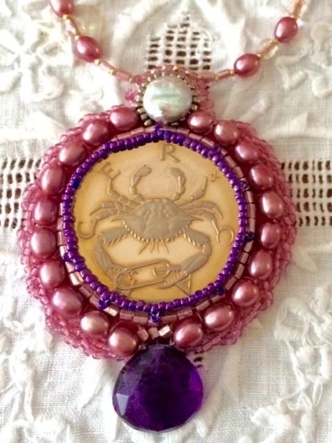 Cancer Coin Beaded Embroidery Necklace by Suzanne O'Clair. Custom orders are available.