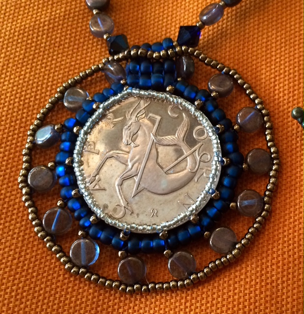 Capricorn Coin Beaded Embroider Necklace by Suzanne O'Clair. Custom orders available.