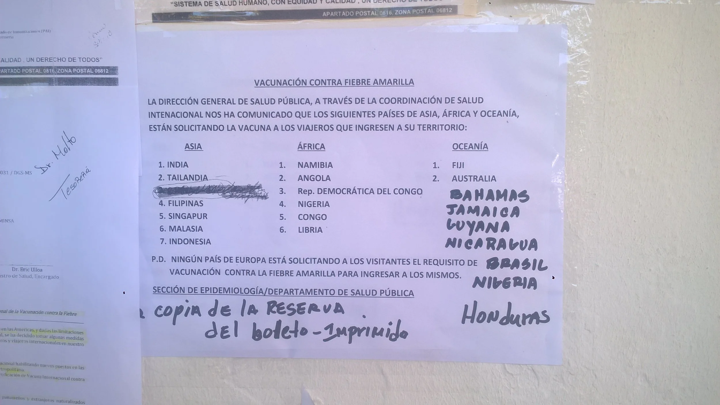 List of onward countries officially requiring proof of yellow fever vaccine according to the clinic