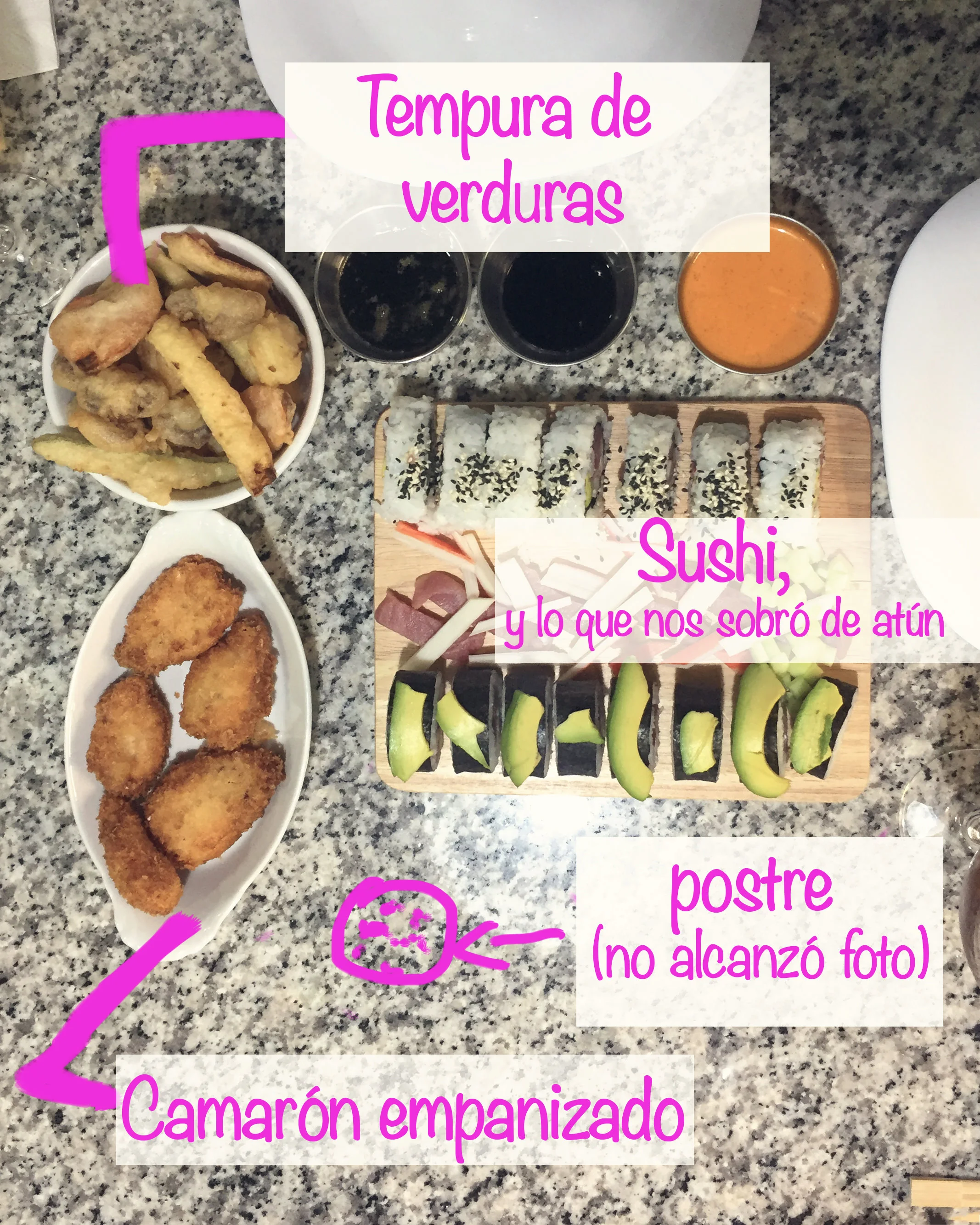 Para ser nuestro primer sushi la presentación nos quedó decente. La textura del tempura nos quedó buenísima y crocante, y los camarones uffff (la verdad los camarones no son mi hit y el queso crema mmmñe, pero debo admitir que esta receta está riquísima). Para cuando tomé la foto aún el postre estaba refrigerándose; así que no alcancé a tomarle foto, pero debo presumir que estaba SA-BRO-SO 