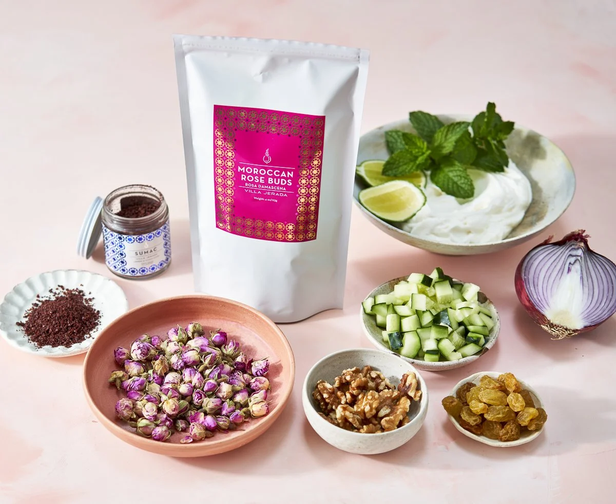 Ingredients for Mast o Khiar including Greek yogurt, cucumber, fresh mint, walnuts, red onion, lime and Villa Jerada rose buds
