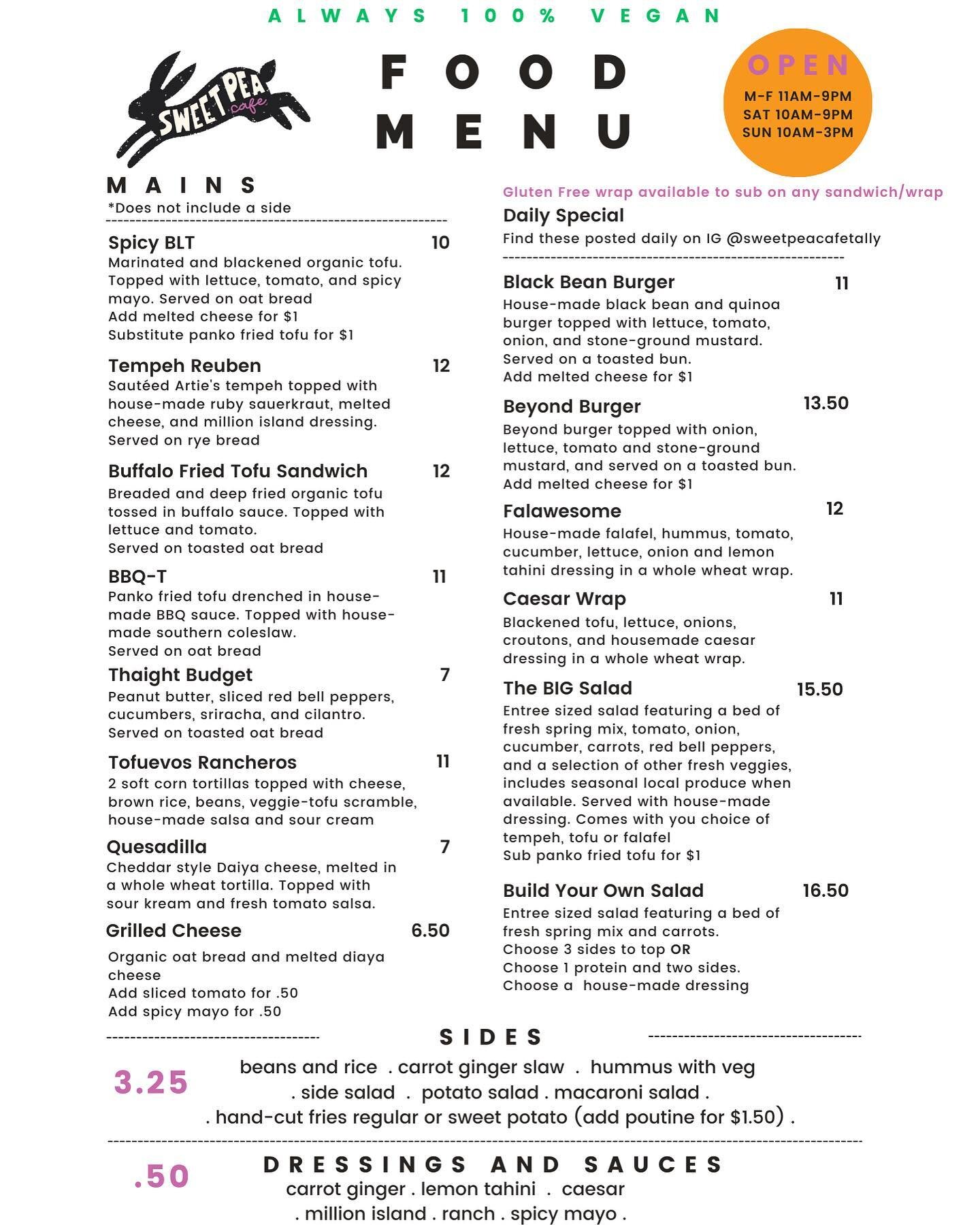 ✨New Menu✨

Reposting our new menu with a few typos corrected 😄 plus, adding the info about substituting a gluten free wrap on any sandwich or wrap!

As always, we look forward to seeing you and serving you delicious, fresh, made from scratch vegan 
